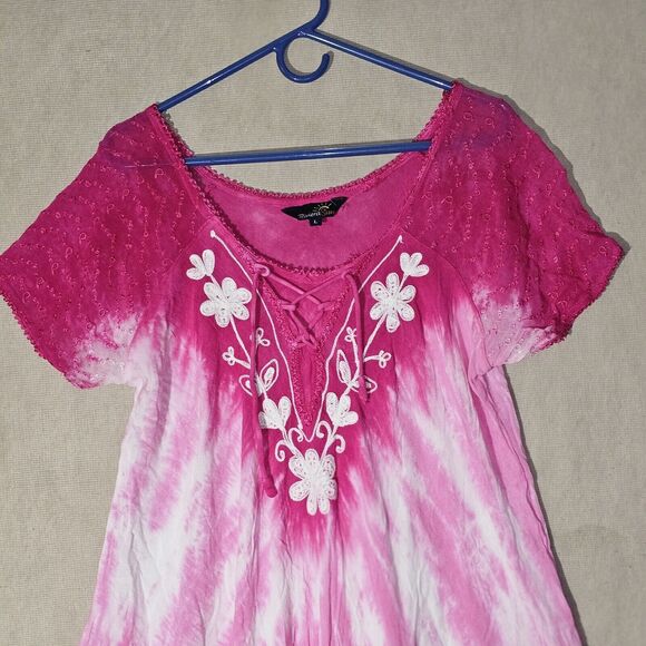 Riviera Sun Pink Tie Dye Midi Dress Size L Beachy Boho Fairy Vacation Loungewear - Picture 3 of 13